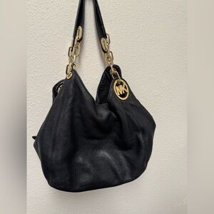 Michael Kors Large Hobo Black Pebble Leather Gold Chain Bag Purse